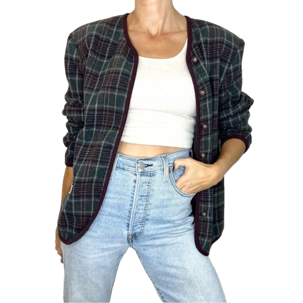 Vintage burgundy green plaid button up lined wool blend jacket L
